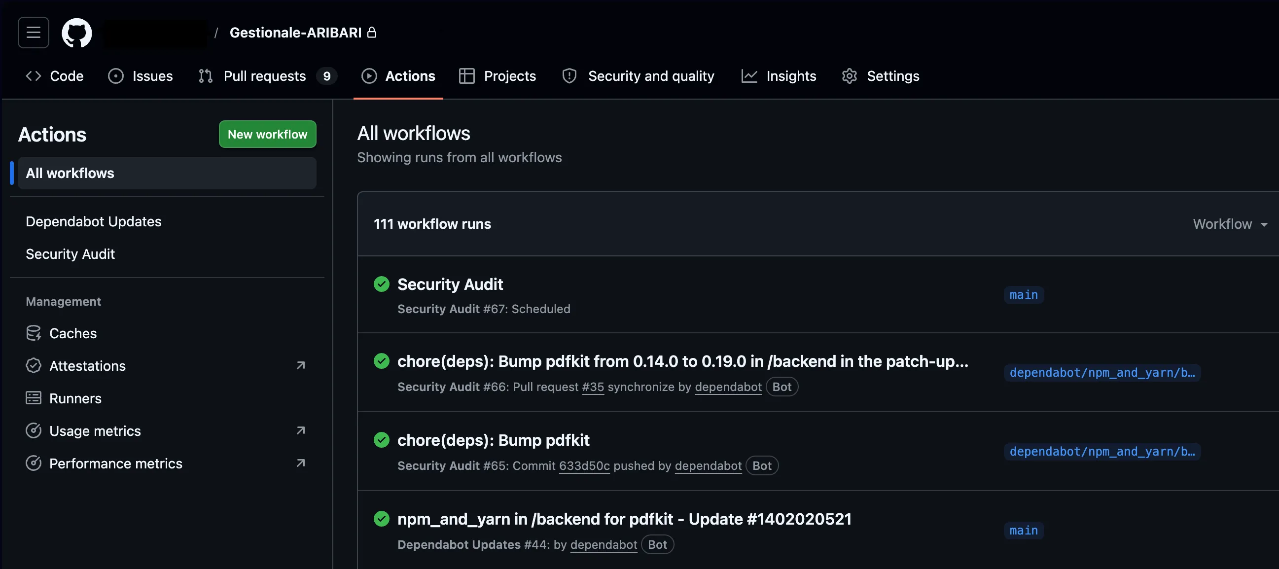 GitHub Actions del repository: workflow Dependabot Updates e Security Audit con esecuzioni automatiche periodiche